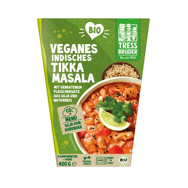 vegan indian tikka masala with meat substitute with brown rice, organic, 420g